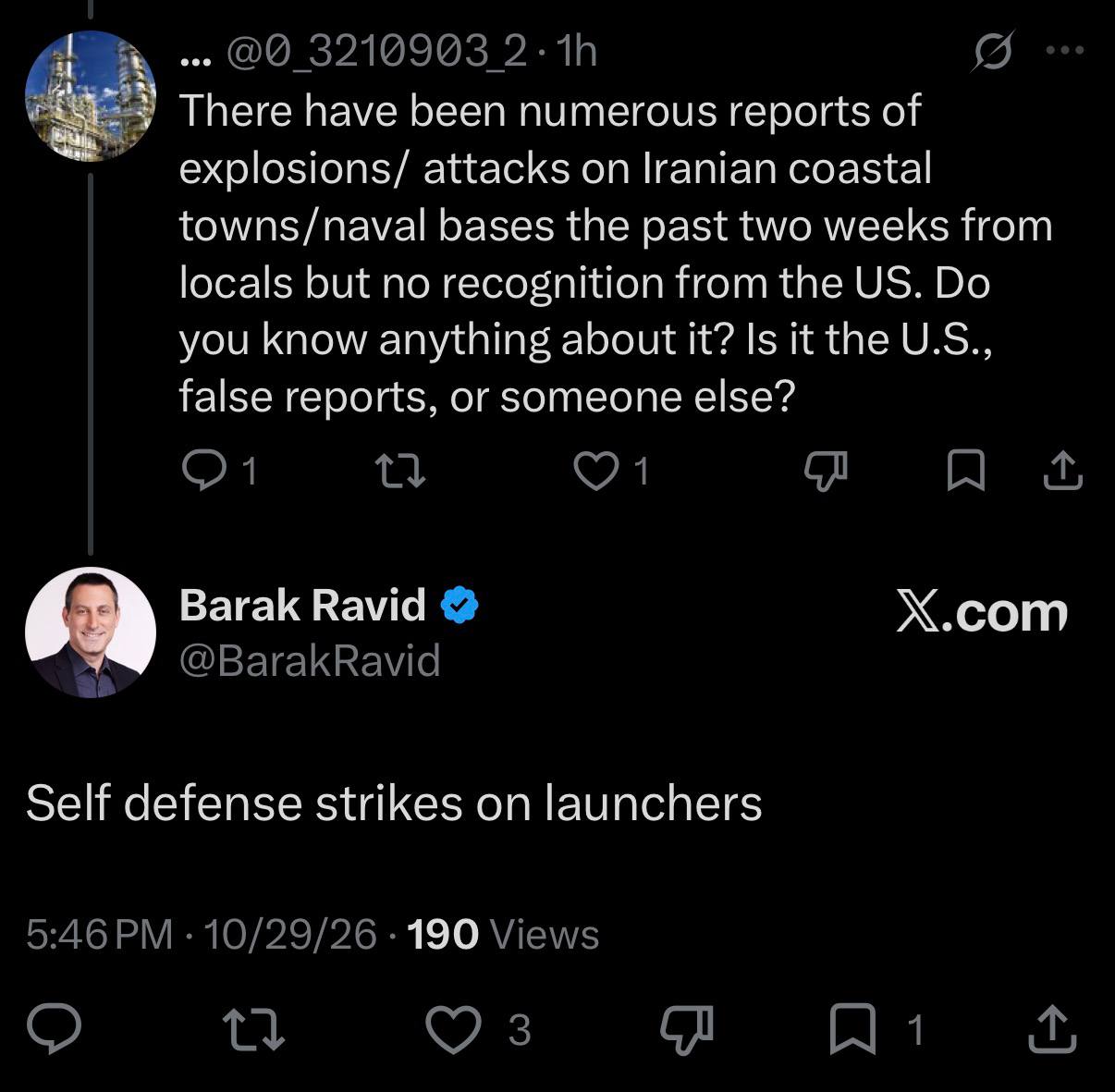 Barak Ravid replies on X: Self defense strikes on launchers