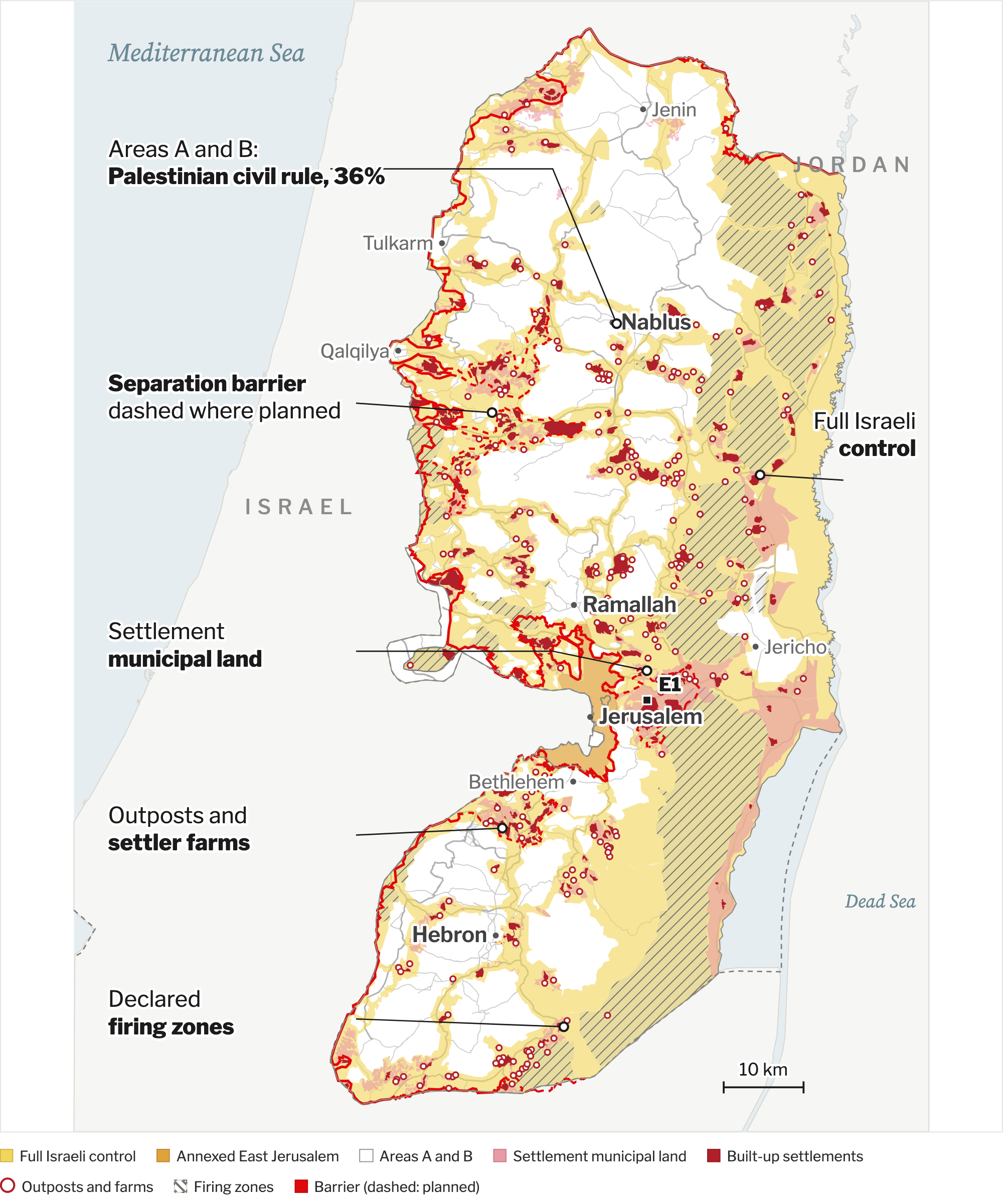 West Bank: map of the ground Israel controls