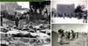 Three photos: women and children detained in Tantura in 1948, men digging a mass grave at Sabra and Shatila in 1982, and Palestinians expelled from Lydda in 1948