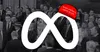 The Meta logo wearing a red MAGA cap over a black and white photo of the 2025 inauguration