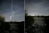 Left, a missile trail rising over Qeshm Island at night; right, a plume of smoke at the launch site moments later