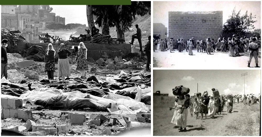 Three photos: women and children detained in Tantura in 1948, men digging a mass grave at Sabra and Shatila in 1982, and Palestinians expelled from Lydda in 1948