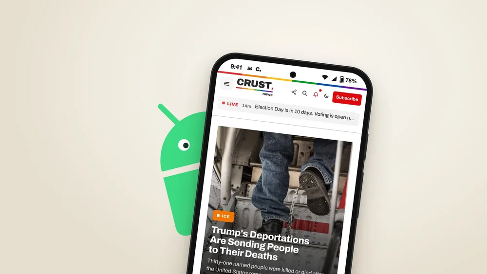 The Android robot peeking out from behind a phone running the Crust News app