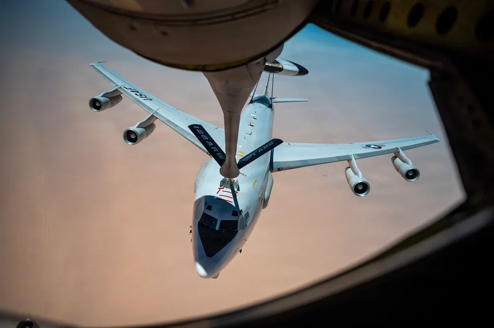 A U.S. Air Force E-3 Sentry refuels from a KC-135 tanker