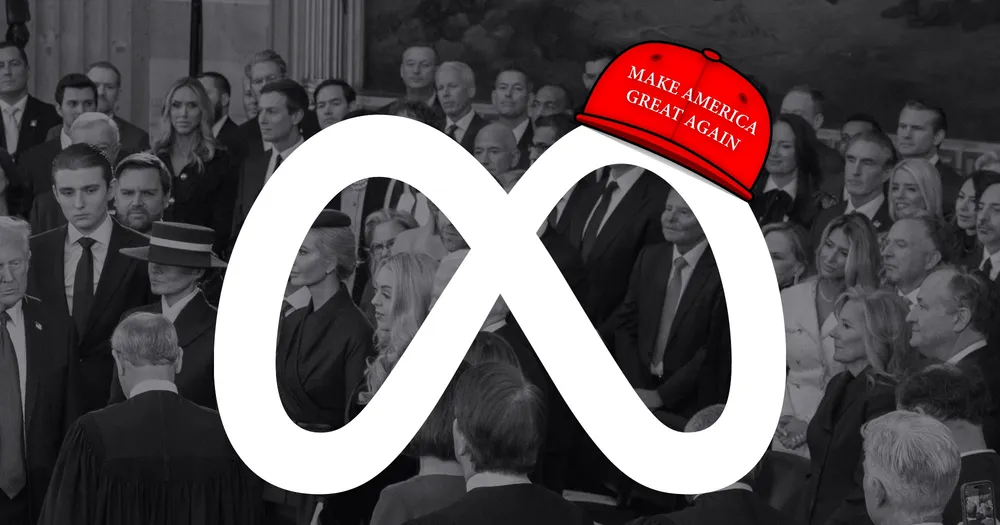 The Meta logo wearing a red MAGA cap over a black and white photo of the 2025 inauguration