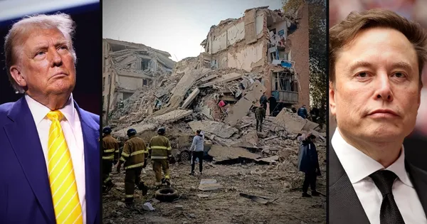 Firefighters walk towards the collapsed five-storey apartment block in Pryluky, Chernihiv region, after a Russian missile strike on 7 October 2026