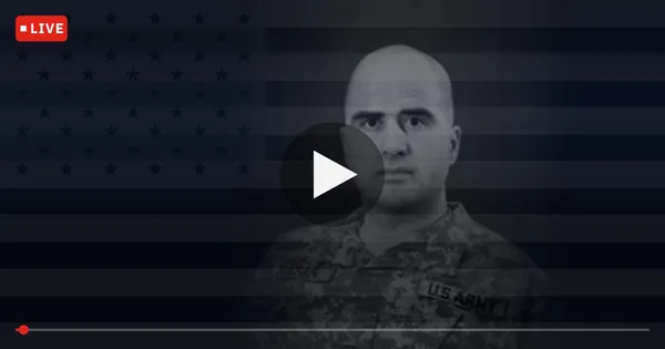 A video player showing a LIVE badge over a portrait of Nidal Hasan