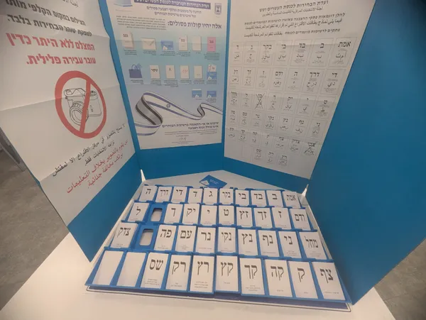 Ballot slips for each party list laid out in a voting booth at an Israeli polling station