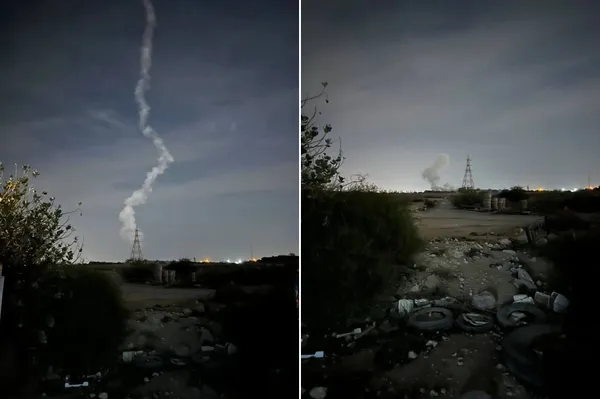 Left, a missile trail rising over Qeshm Island at night; right, a plume of smoke at the launch site moments later