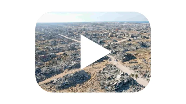The YouTube play button over the rubble of Rafah